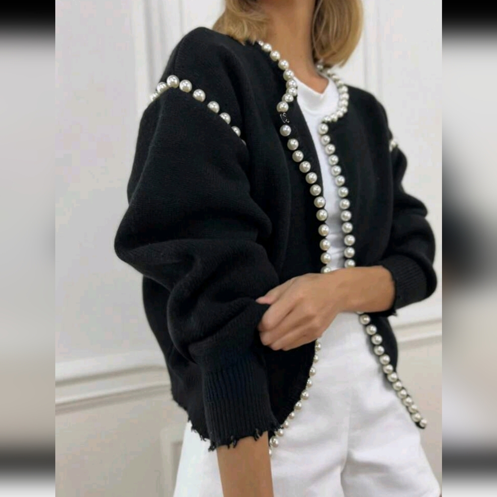 Solid Color Cardigan, Pearl Trim Distressed Hem, Long Sleeve, Elegant Knit Sweat - Picture 2 of 7